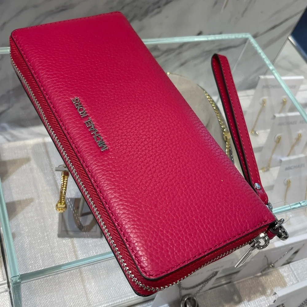 MICHAEL KORS Lg Pebbled Leather Continental Wallet Wristlet Phone Dark Raspberry